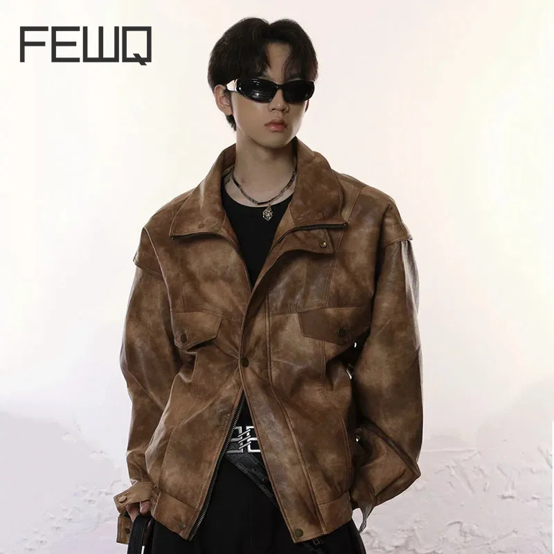 

Мужская кожаная куртка с отложным воротником FEWQ, свободная куртка из искусственной кожи с длинным рукавом и молнией, цветные топы с галстуком-бабочкой, корейская мода, 2023,