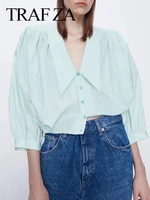 traf za commuter loose bat shirt fashion casual lapel single breasted solid green pleated temperament chic women spring clothing