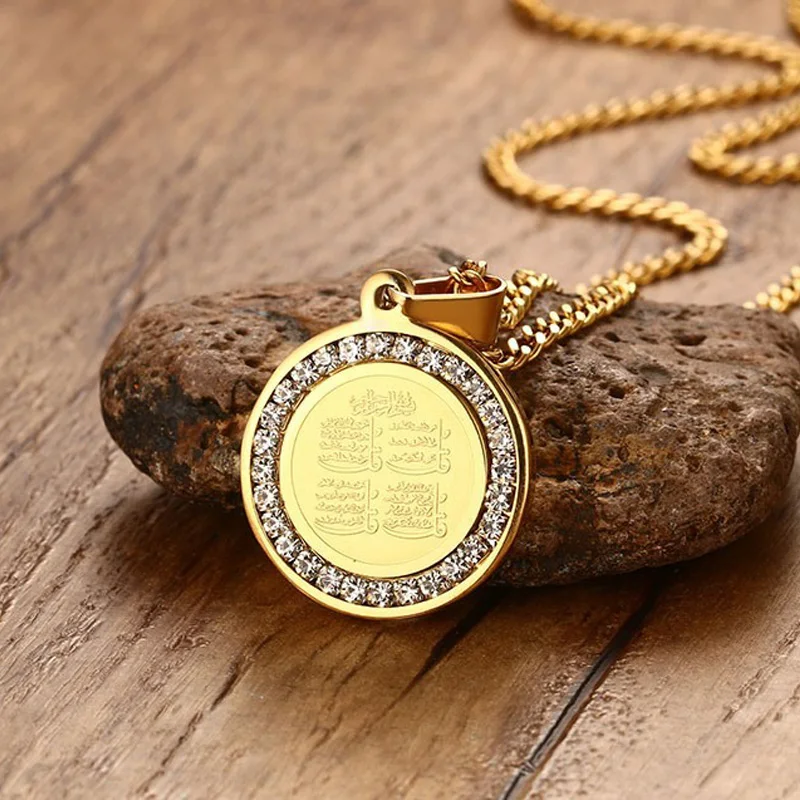 

Mens Necklace 4 Qul Muslim Islamic Hajj Umrah Pendant Stainless Steel Gold Color CZ Stone Men Fashion Necklace