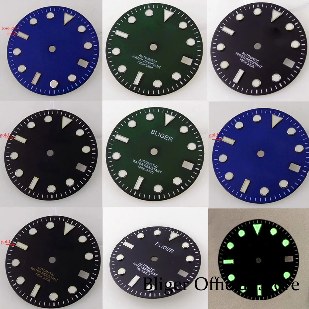 

BLIGER 29mm Luminous Watch Dial Face Green Blue Black Rose Gold Edge Fit NH35A NH36A Automatic Movement Mens Watch