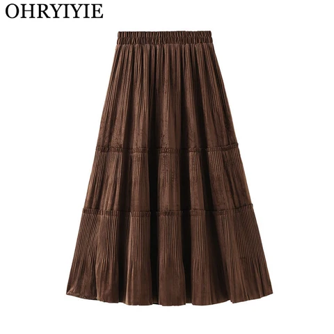 OHRYIYIE Solid Color Vintage Long Velvet Pleated Skirt Women 2023 New Autumn Winter Fashion Lady High Waist A Line Skirt Female
