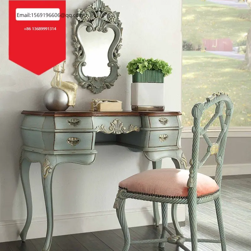 European bedroom vintage villa bedroom furniture mahogany solid wood blue gray pink makeup table mirror makeup chair