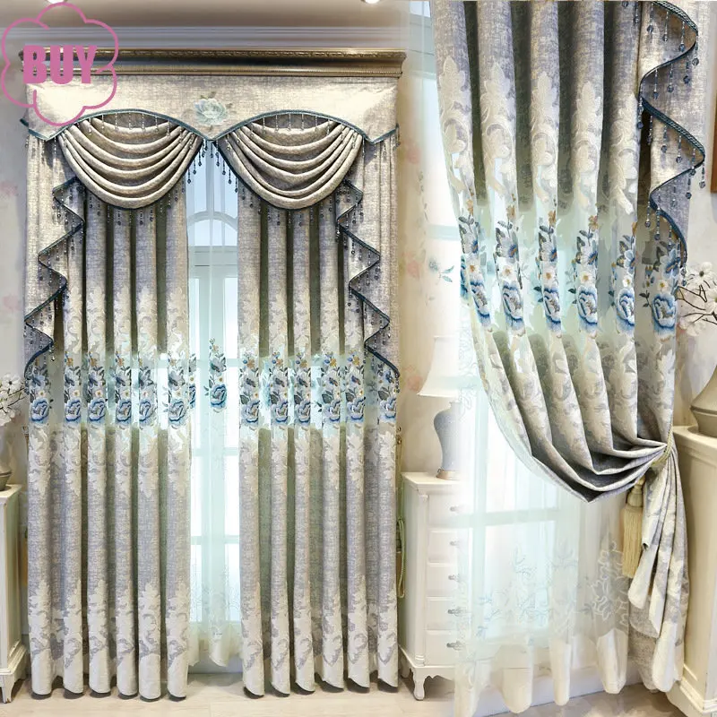 

European-style Curtains for Living Dining Room Bedroom Chenille Hollow Embroidered Curtain Tulle Peony Laser Embroidered Valance