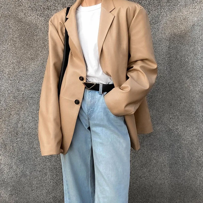 

Women Formal Leather Blazers Solid Color Button-down Collar Suit Women Spring Autumn Outwear Jacket Black/ Khaki