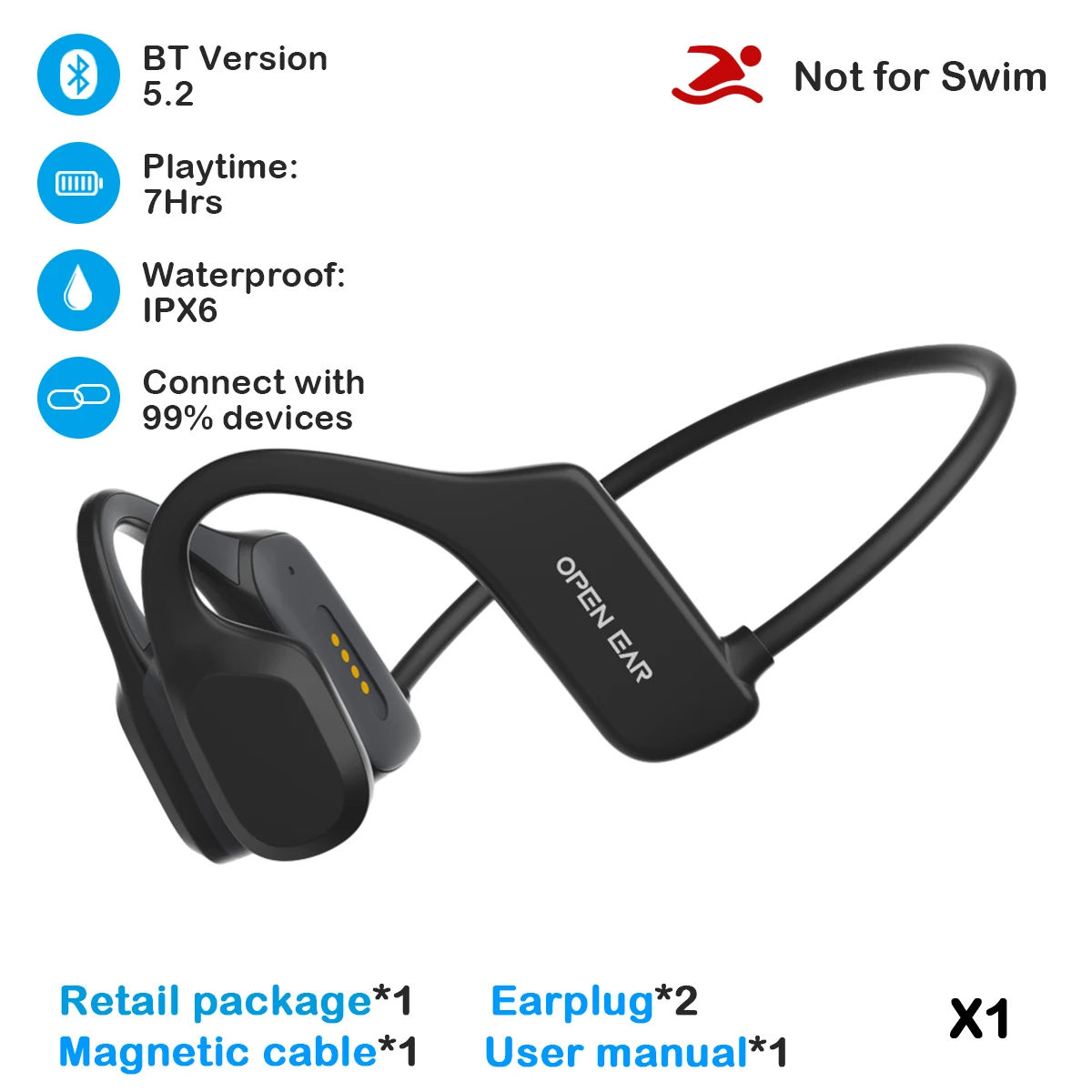 

X1 Real Bone Conduction Bluetooth Headphone Sports Earphone Waterproof Wireless Headset with Mic Ear-hook TWS Bass Hifi Stereo