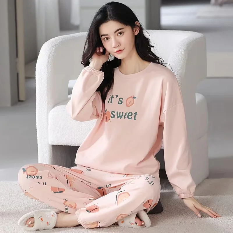Pure Cotton Pajamas Women's Spring and Autumn Models Long-sleeved Home Service Women's Simple Loose Casual Suit Large Size 5XL