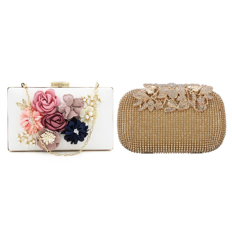 

Women Clutch Bag Floral Party Purse White & Unique Gold Rhinestone Evening Bag Clutch Purse Party Bridal Prom