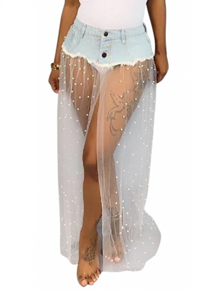 

Женская джинсовая юбка в стиле Харадзюку, летняя длинная юбка макси в стиле панк Y2K с высокой талией и оборками в Корейском стиле