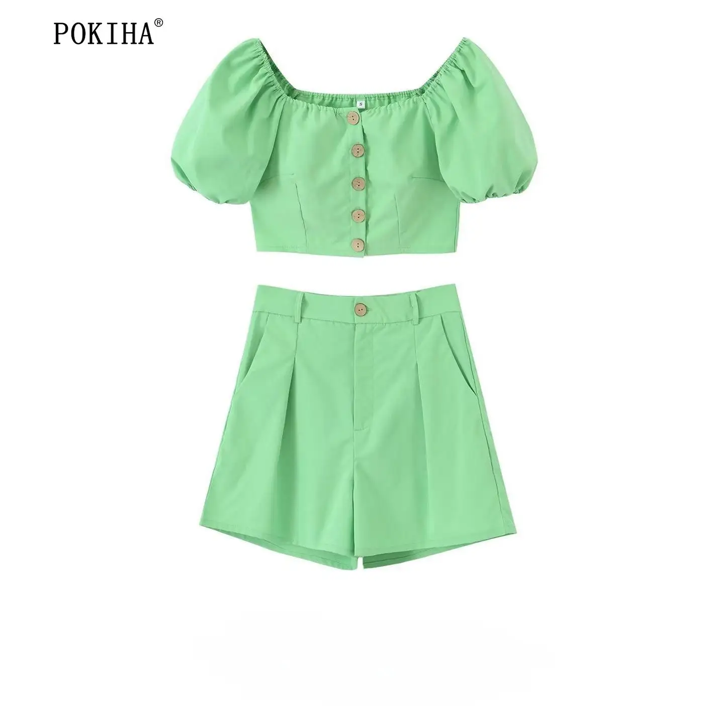 

Pokiha Fashion Women Puff Sleeve Front Button Short Blouses And Casual Side Pockets Shorts Chic Elegant Female Two Piece Sets