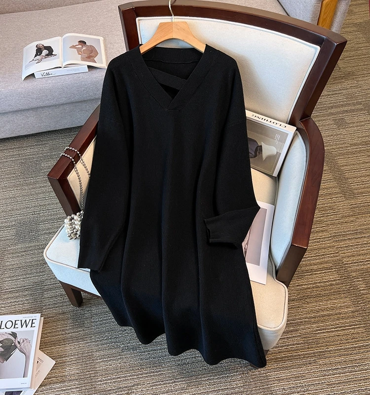 Очень большое женское зимнее вязаное платье-свитер с v-образным вырезом 50 00 кг 200