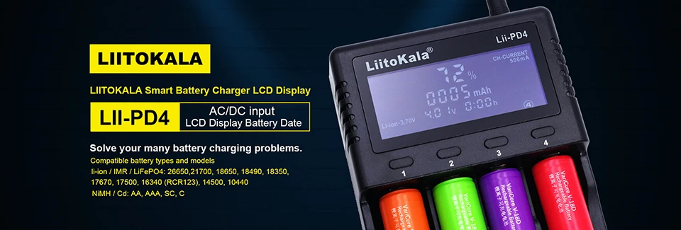 

Liitokala Lii-S4 LCD 3.7V 18650 18350 18500 16340 21700 20700B 20700 10440 14500 26650 1.2V AA AAA NiMH Lithium Battery Charger
