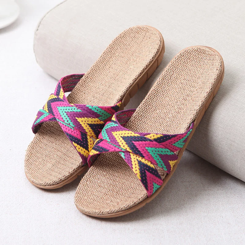 

Mntrerm New Casual Sneakers For Home Slippers Summer Mixed colors Floor Woman Indoor Flats Shoes Cross Linen Slipper Terlik