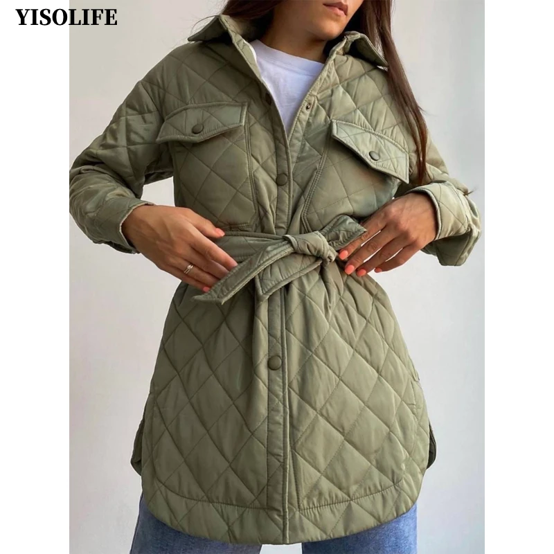 

YISOLIFE Women's Quilted Jacket Lightweight Jackets Lapel Coat Casual Outerwear Button Padded Blouse Tops with Tie Waist Belt