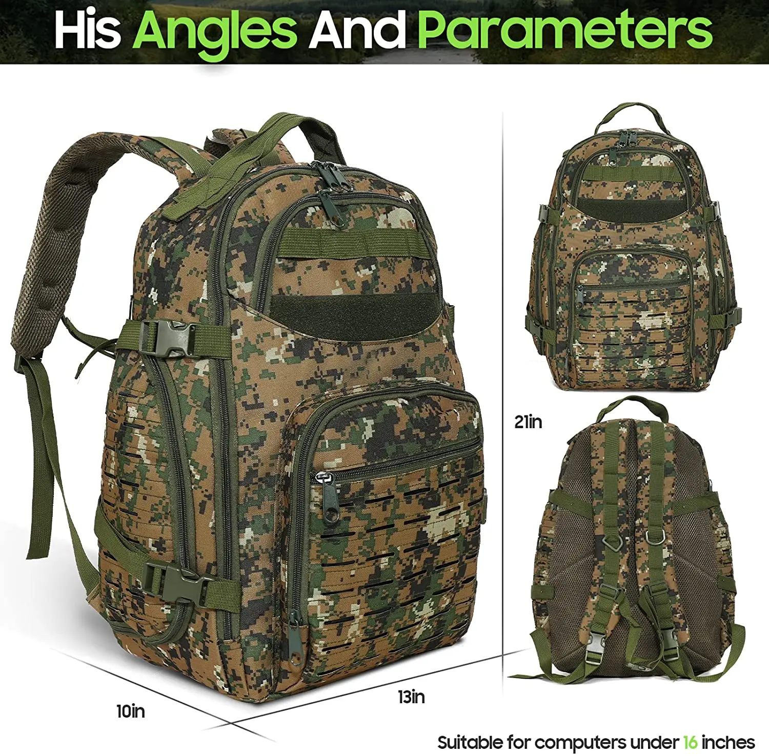 TONGJM Tactical Backpack Military MOLLE Backpack Lightweight Mountaineering Bag Unisex Hunting Camping Trekking (Jungle digital)