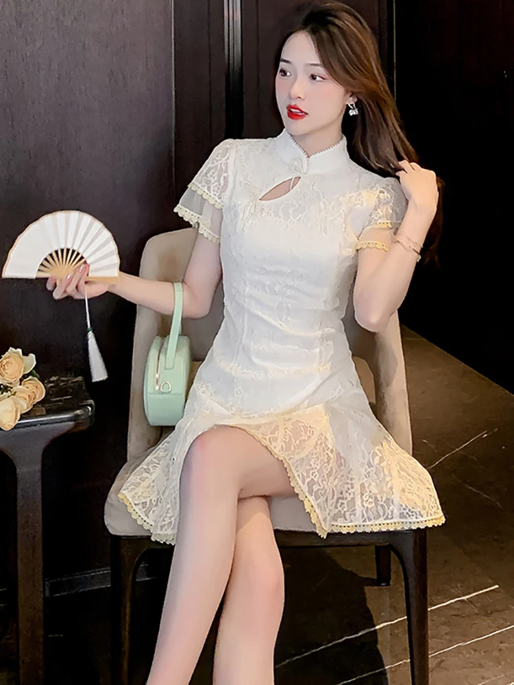 

2022 White Lace Hook Flower Hollow Sexy Mini Dress Summer Chic Prom Party Mermaid Dress Women Korean Elegant Bodycon Short Dress