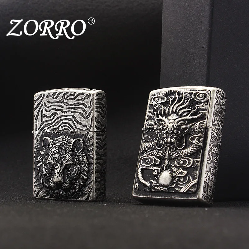 

Zorro 91269 Ancient Silver Patch Dragon Tiger Five Sided Pattern Kerosene Windproof Lighter Carved Gift