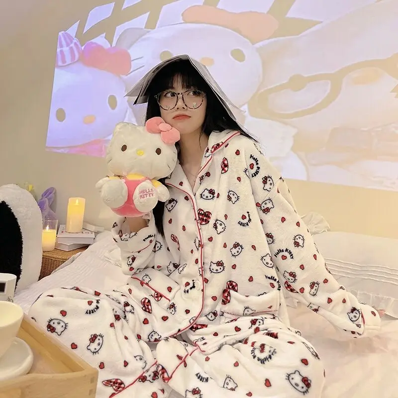 

Anime Sanrio Hello Kitty Pajama Pants Coral Pajamas Women's Cute Sleepwear Thickening Flannel Kawaii Pajamas Set Thermal Pajama