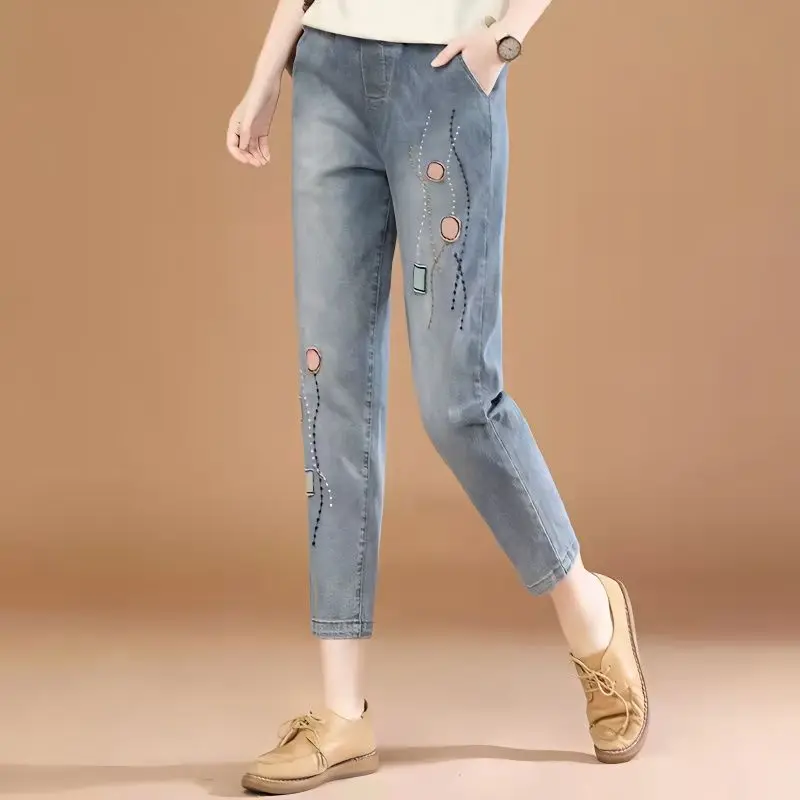 

Джинсы женские прямые до щиколотки, повседневные Модные свободные эластичные брюки с завышенной талией, тонкие Мягкие штаны, U164, на лето и осень