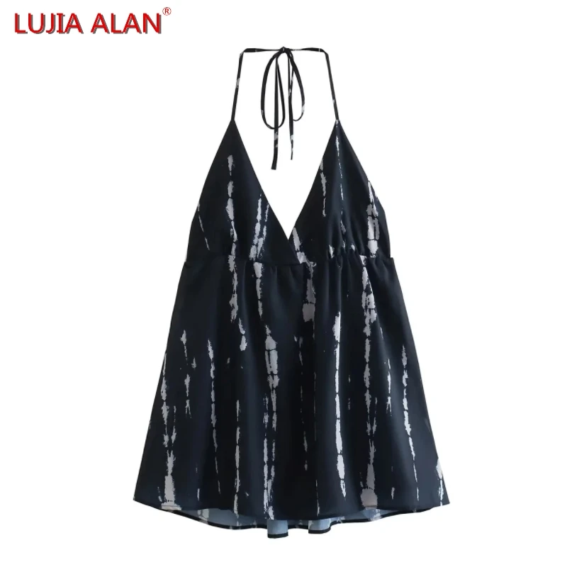 

Autumn New Women's Tie Dye Printed Deep V-neck Halter Mini Dress Female Casual Sexy Backless Vestidos LUJIA ALAN WD3026