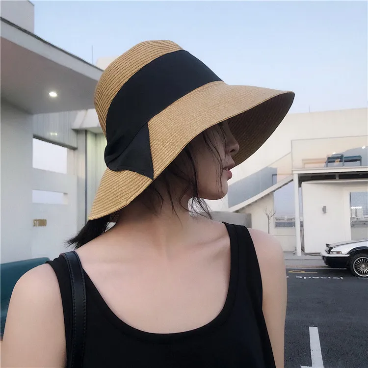 

Foldable French Bow Vintage Straw Hat Women Summer Vacation Beach Hat Large Eaves Sun Visor hat