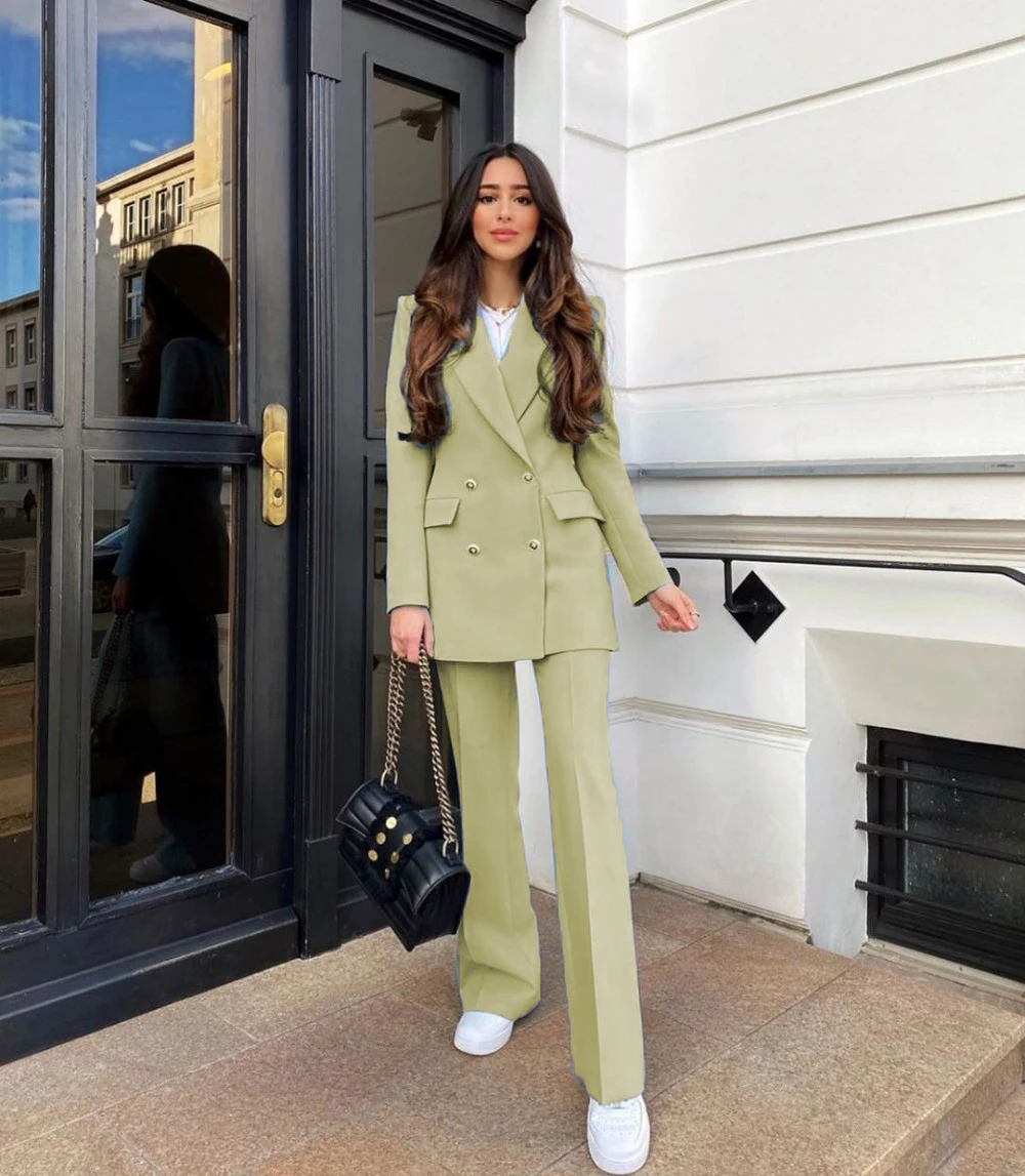 Fashion Blue Women Suits Set Mid Length Double Breasted Pants Blazer Office Ladies Wear Business 2 Pieces Slim Fit Наборы брюки