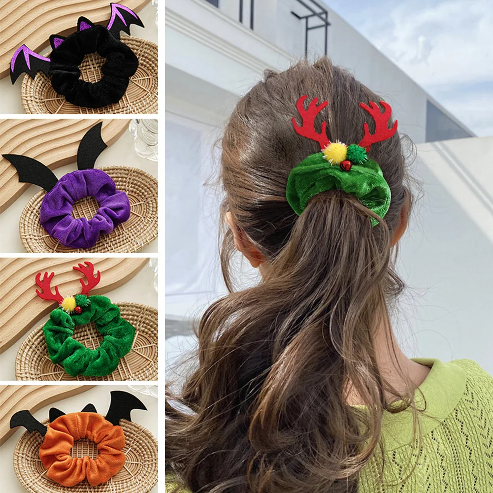 

Halloween Christmas Party Antlers Bat Scrunchies Flannelette Women Elastic Hair Band Girls Ponytail Holder Festival Headwear New
