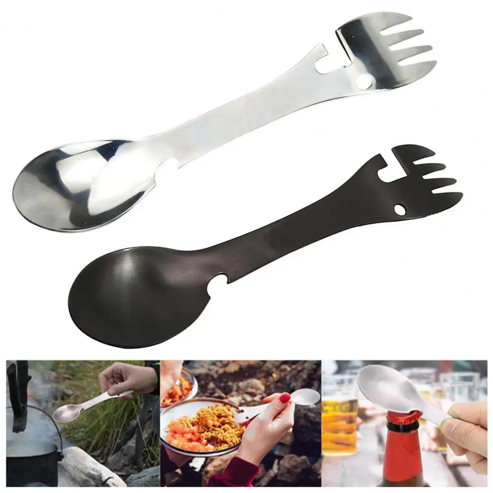 

Spoon Fork Anti-slip Handle Rust-proof High Hardness Tableware Can Opener Double-end 5 In 1 Picnic Camping Spork Kitchen Gadget