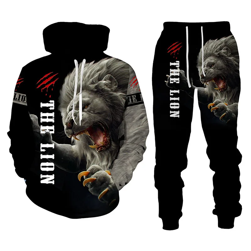 Autumn Winter 3D The Lion King Printed Long Sleeve Men's Clothing Suit Men's Hooded Sweater Set Men's Sportswear Tracksuit