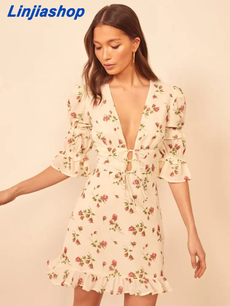 

Summer women mini dress loose floral print v neck holiday short sleeves fashion center bandage party short split dress