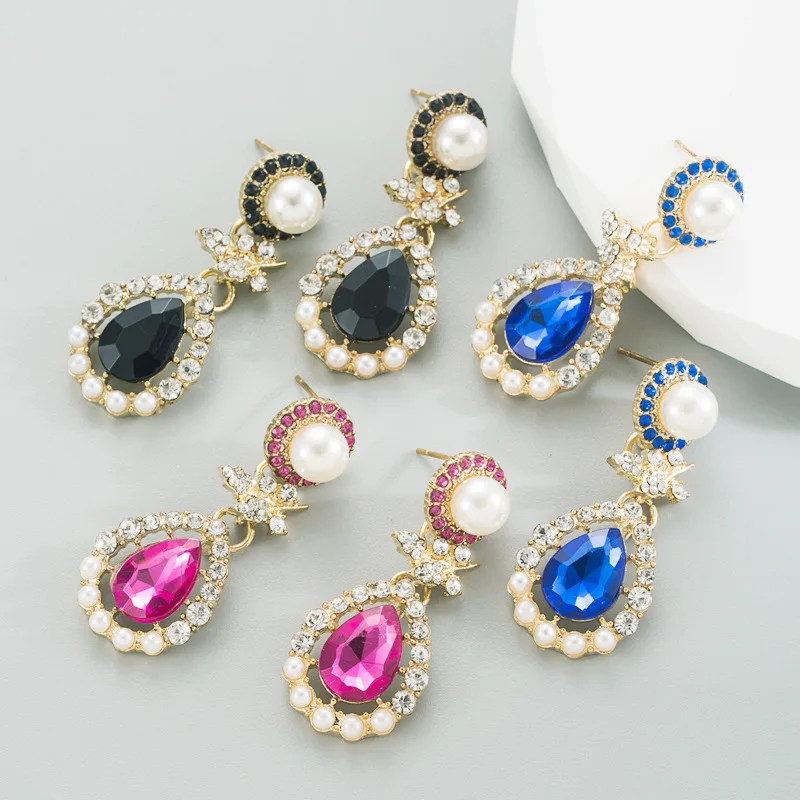 

Fuchsia Wedding Pearls Elegant Crystals Zircons Long Drop Women Earrings Dangle Earring Jewelry for Bridal Party Earrings Bijoux