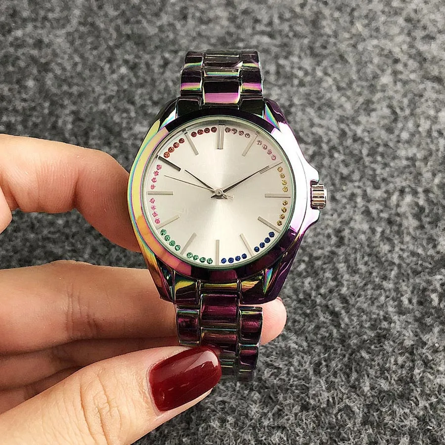 Brand Wrist Watches Women Girl Ladies Colorful Crystal Style Quartz Casual Steel Metal Band Clock m100
