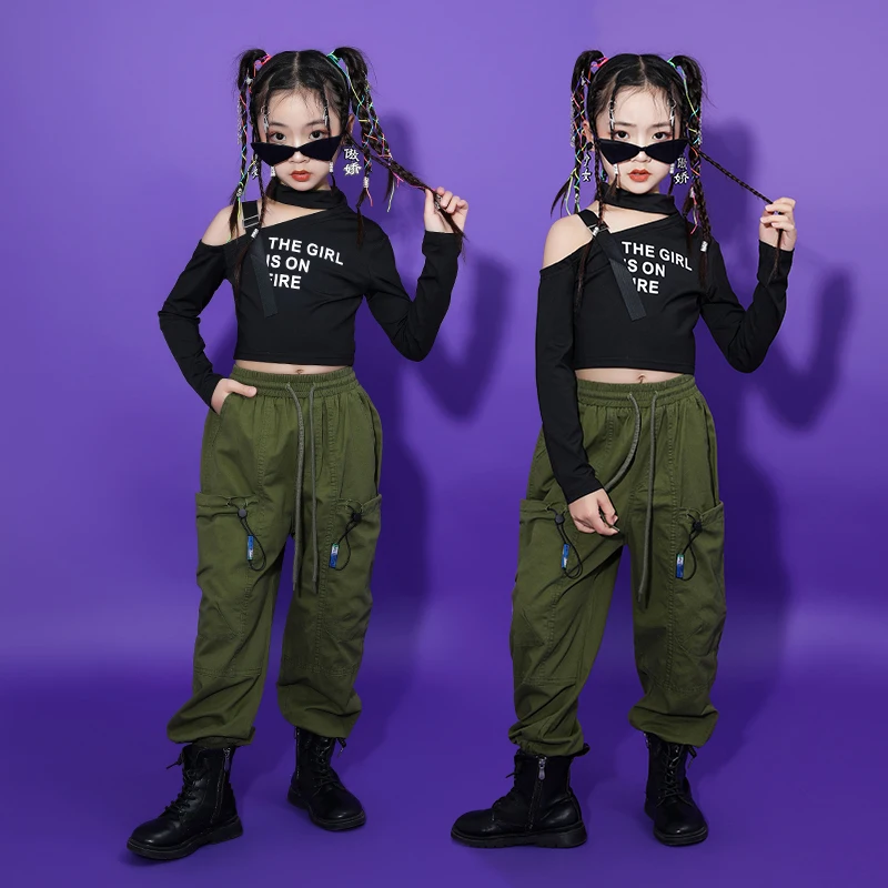 

Kids Ballroom Outfits Hip Hop Clothing Black Crop Tops shirt Street Wear Cargo Pants For Teen Girls Jazz Dance Costumes Clothes