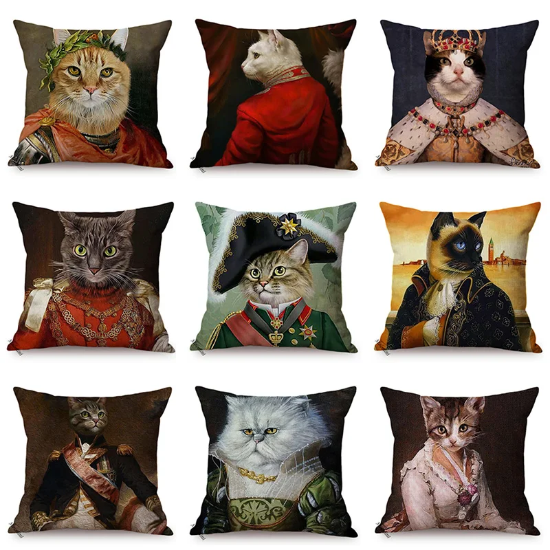

Cat General Portrait Imitate Famous Oil Painting Art Decorative Cushion Cover Nordic Funky Animal Style Sofa Pillowcase