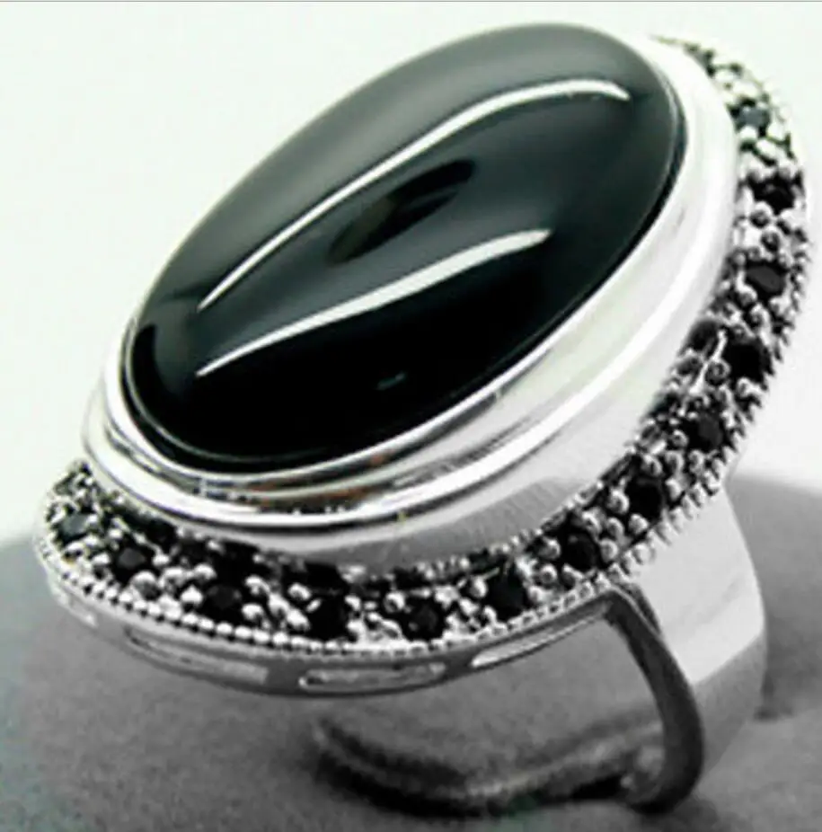 

17X30mm Black Natural jade Oval 925 Sterling Silver Marcasite Ring Size 7/8/9/10