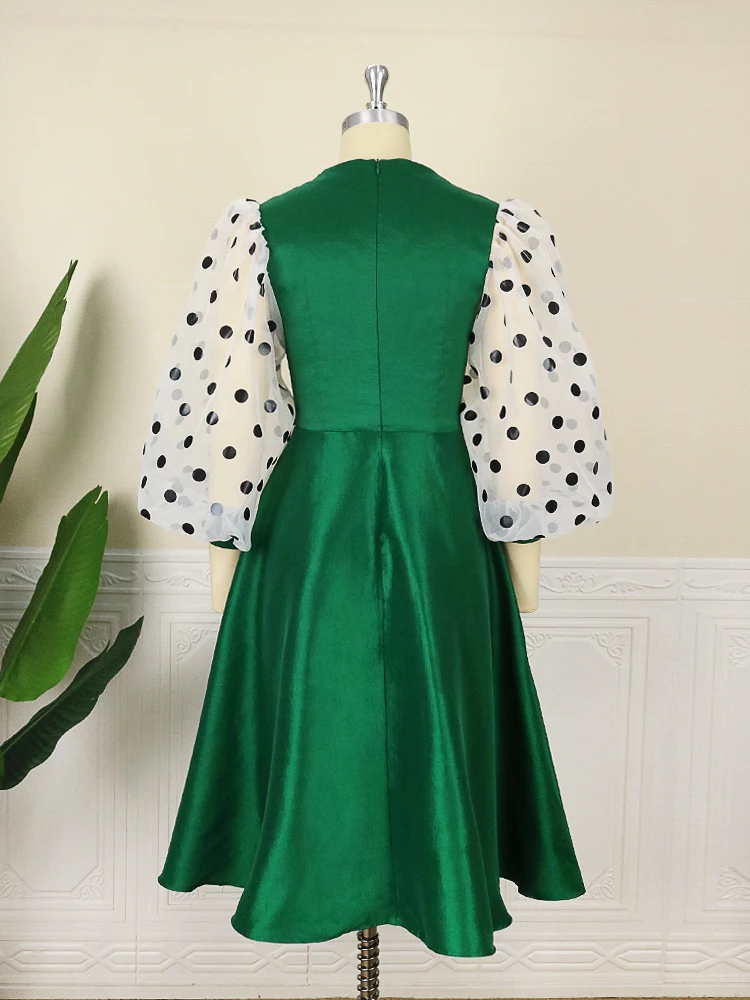 Women Elegant Dress Tulle Dots Patchwork Flared Swing Long Sleeve Skater formal Dress Summer Big Size Outfit Clothing