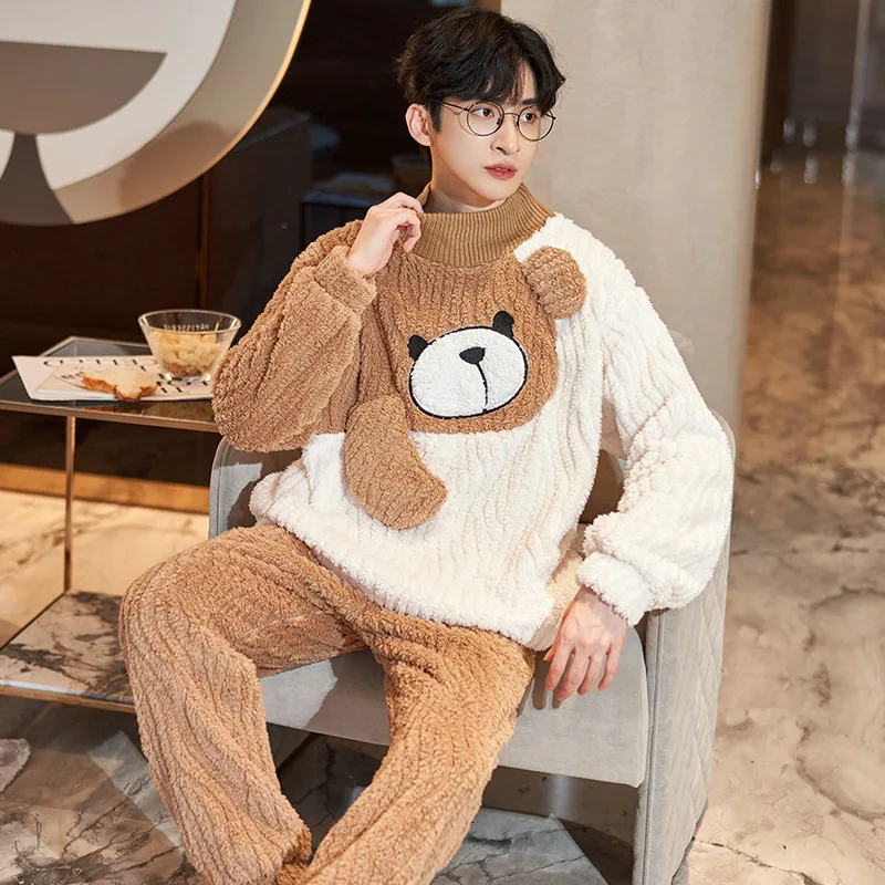 Couples Pajamas Sets Women Men Winter Thicken Sleepwear Pyjama Coral Fleece Korean Cartoon Bear Lovers Pijama Suits Soft Warm