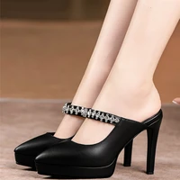 platform pumps mules womens rhinestone pointed toe genuine leather high heels diamonds stiletto sandals slipper shoe