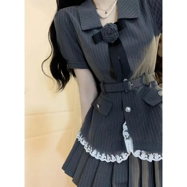 

Korean Kpop Striped Puff Sleeved Slim Waist Tops Women+ Y2k E-Girl Fungus Pleated Skirts Summer Aesthetics Two Piece Sets