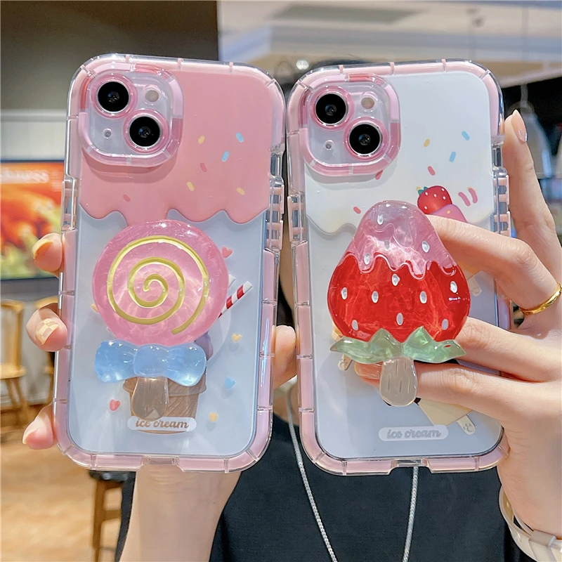 

Korea Summer Ice Cream Luminous Phone Case For IPhone 11 12 13 Pro Max X XS XR Cute Strawberry Stand Transparent Soft Back Cover