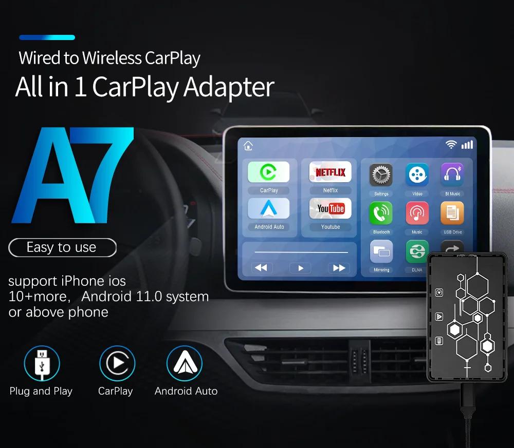 

Новинка 2023, Android, проводной и беспроводной адаптер CarPlay, универсальный автомобильный мультимедийный видеоплеер для Netflix YouTube