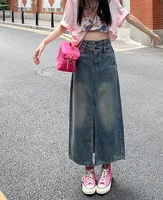 fashion denim skirt for women 2022 summer high waist retro slit straight long skirt street party