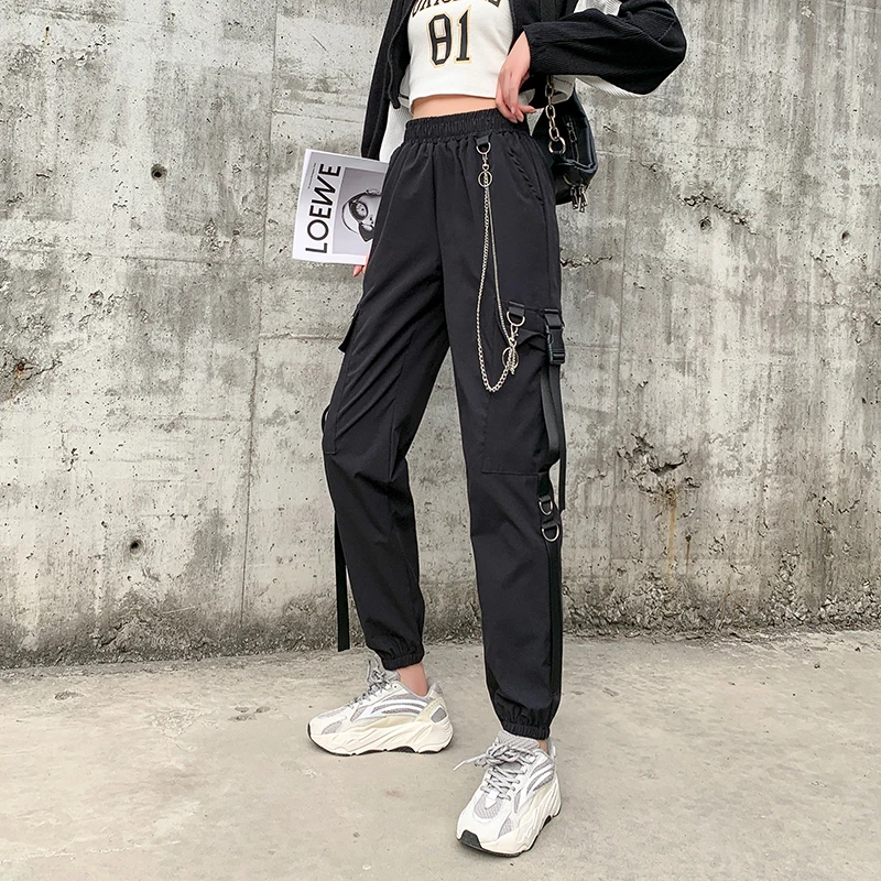 

2022 Spring Autumn New Casual Cargo Sweatpants Women's Pocket Bind Your Feet Cool Black Free Shipping