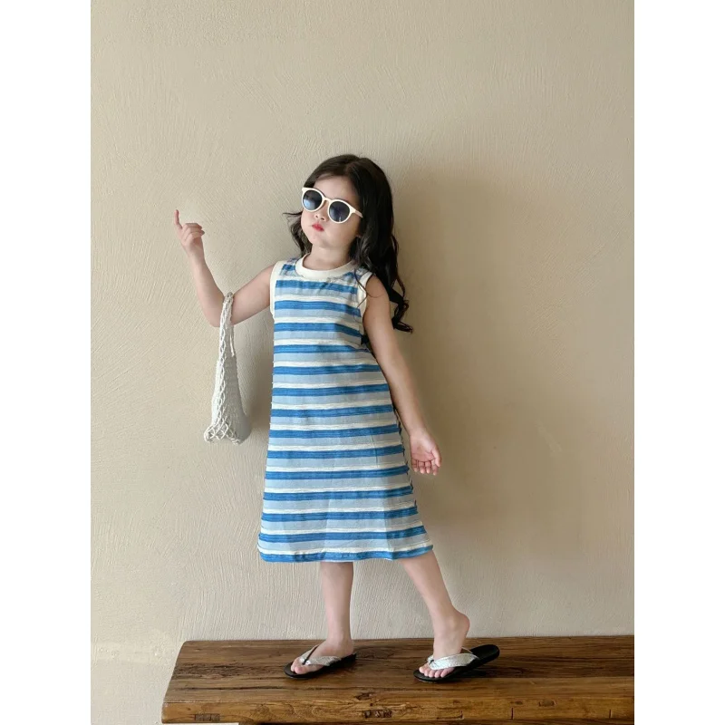Летнее платье для девочек новинка детское платье-жилет в синюю полоску длинное