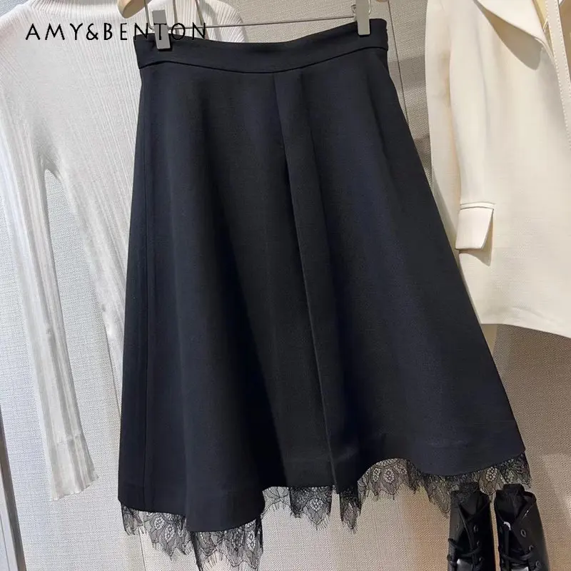 European Station 2023 Early Spring New French Style Skirt Temperament High Waist Slimming Lace Slit Black Bubble Skirt