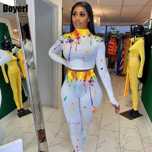 Женский спортивный костюм из двух предметов, укороченный Топ с длинным рукавом и штаны с принтом, осенний комплект из двух предметов, 2021