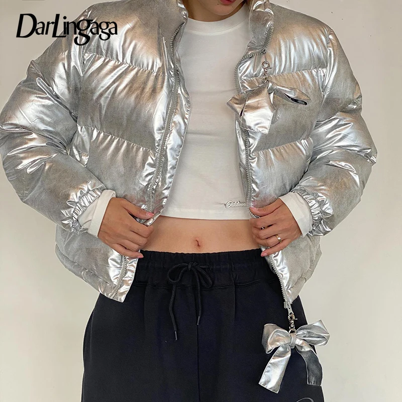 

Darlingaga Fashion Silver Bright Winter Jacket Female Bow Zip Up Parka Coat Puffer Turtleneck Autumn Bubble Quilted Overcoat New