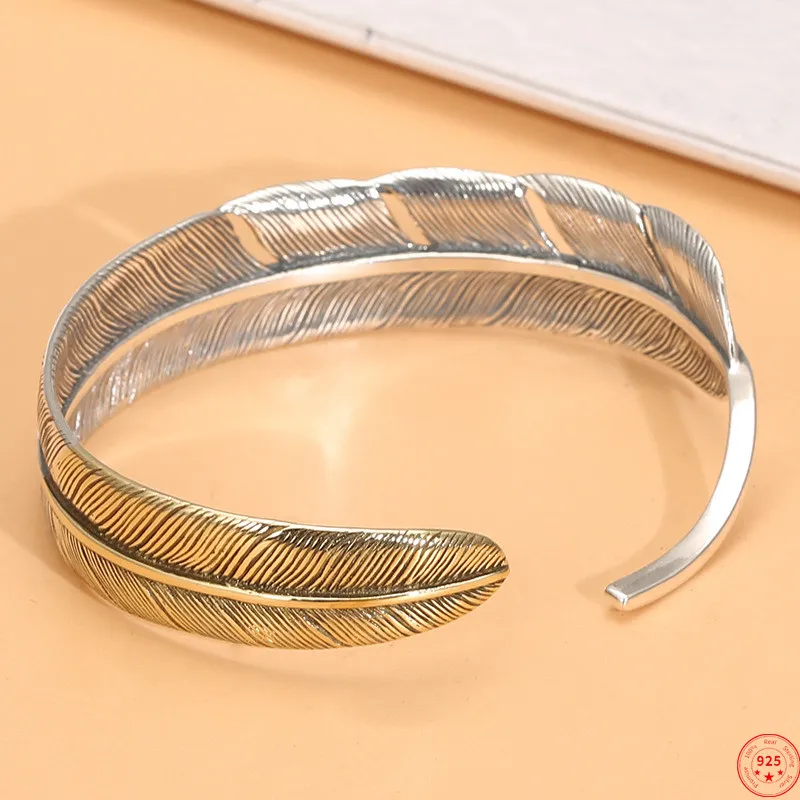 S925 Sterling Silver Bracelets 2022 New Fashion Retro Totem Feather Bangle Pure Argentum Hand Jewelry for Women