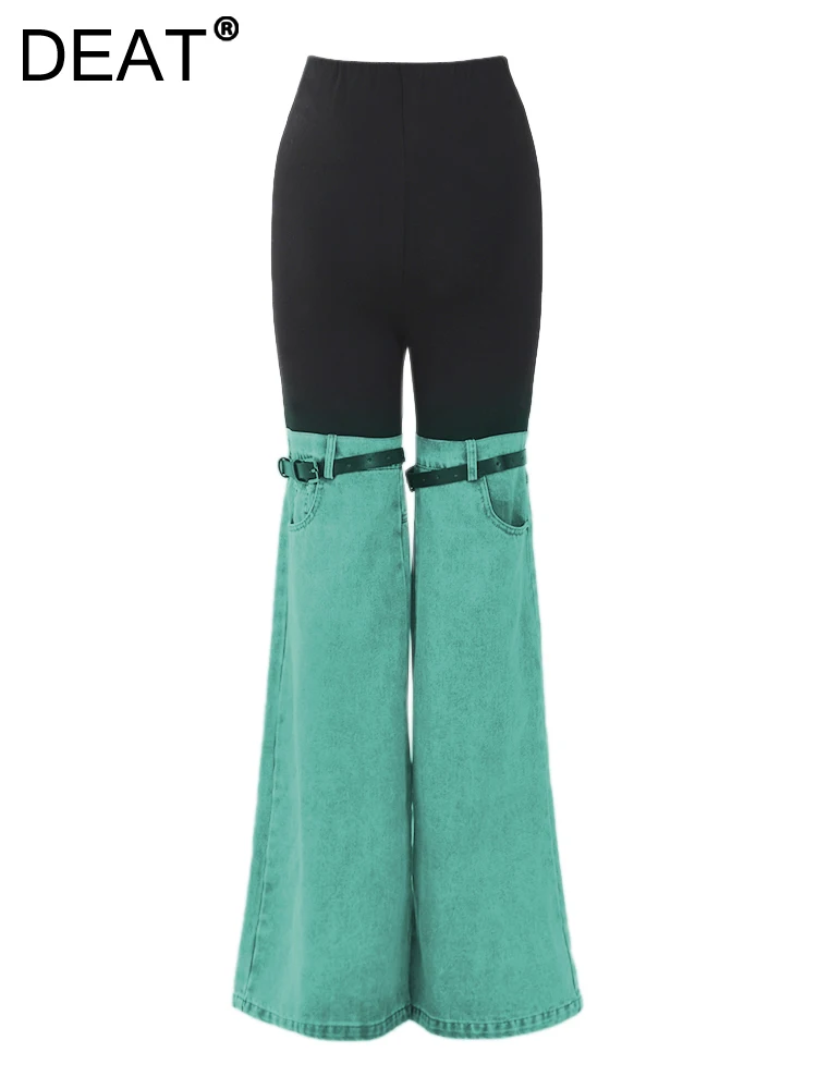 

Женские джинсы с поясом из ПУ кожи DEAT, цветные эластичные расклешенные брюки с поясом на резинке, модель 7AB018 на лето, 2023
