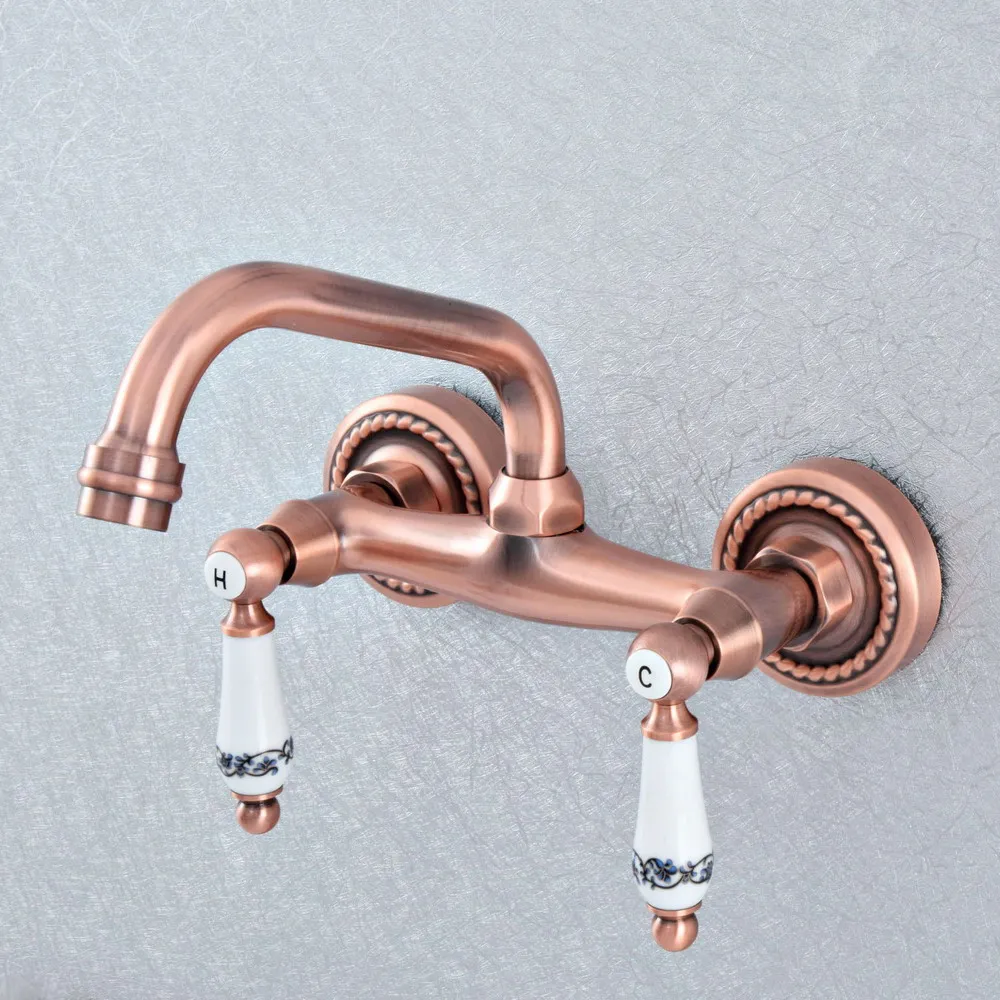 

Antique Red Copper Brass Wall Mounted Kitchen Wet Bar Bathroom Vessel Basin Sink Hot Cold Mixer Tap Swivel Spout Faucet msf890