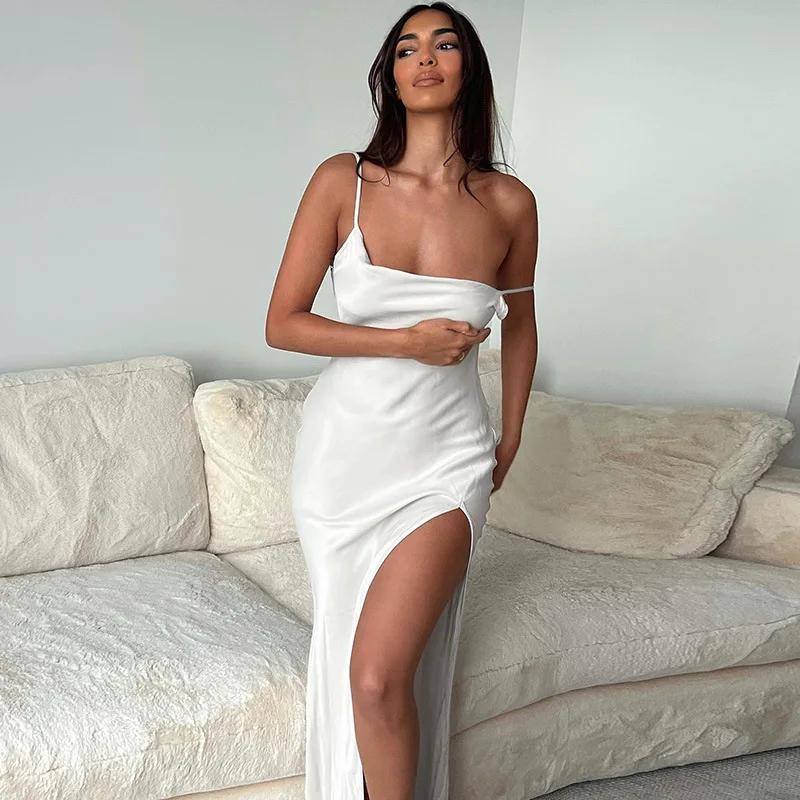 

BoozRey Elegant Fashion Halter Sexy Backless Split Maxi Dress Women 2022 Summer Women Party Sling Soild Dresses Clothes